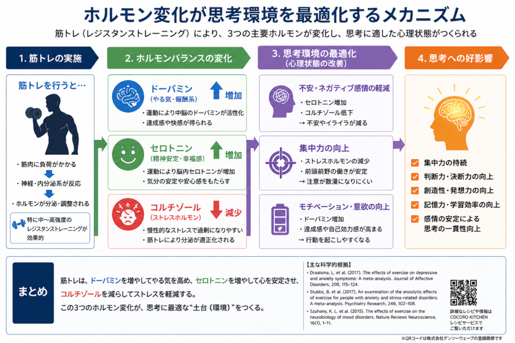 筋トレがホルモン変化を引き起こし、思考環境を最適化するメカニズムが示された図。