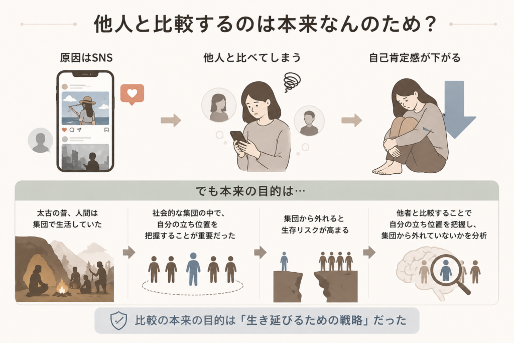 SNSによる他人との比較と自己肯定感の低下についてのイラスト。太古の人間の集団生活から現代の社会的な位置付けの重要性を解説。
