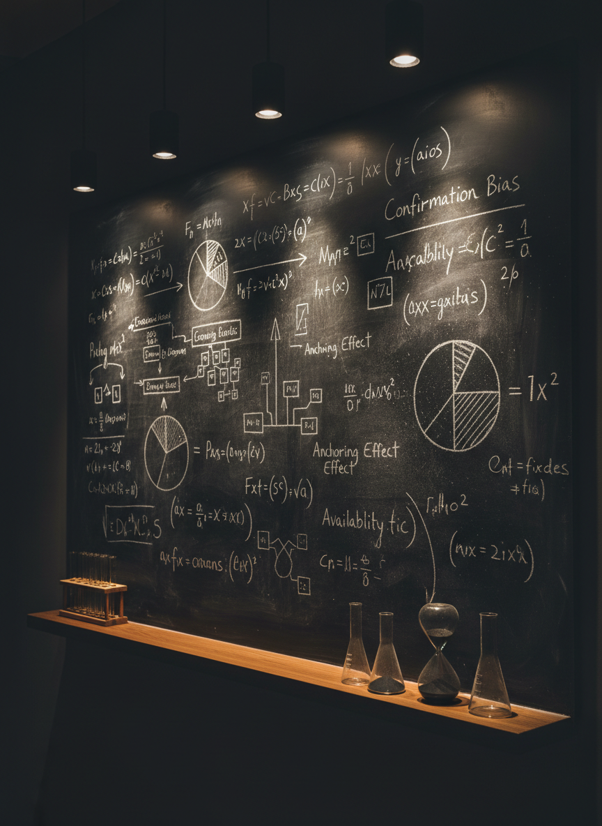 A sleek charcoal-gray chalkboard wall covered in carefully written formulas, logical diagrams, and cognitive bias charts in crisp white chalk, each line sharp and deliberate. A single oak shelf beneath holds neatly arranged laboratory glassware, including test tubes, flasks, and a small hourglass filled with fine black sand. Overhead, warm pendant lights emit soft, focused pools of light, illuminating the chalk textures and faint chalk dust while the rest of the room fades into darkness. Captured in photographic realism from a slightly angled perspective using the rule of thirds, the atmosphere feels contemplative, intellectual, and quietly intense, emphasizing the disciplined practice of thinking as both a science and an art.