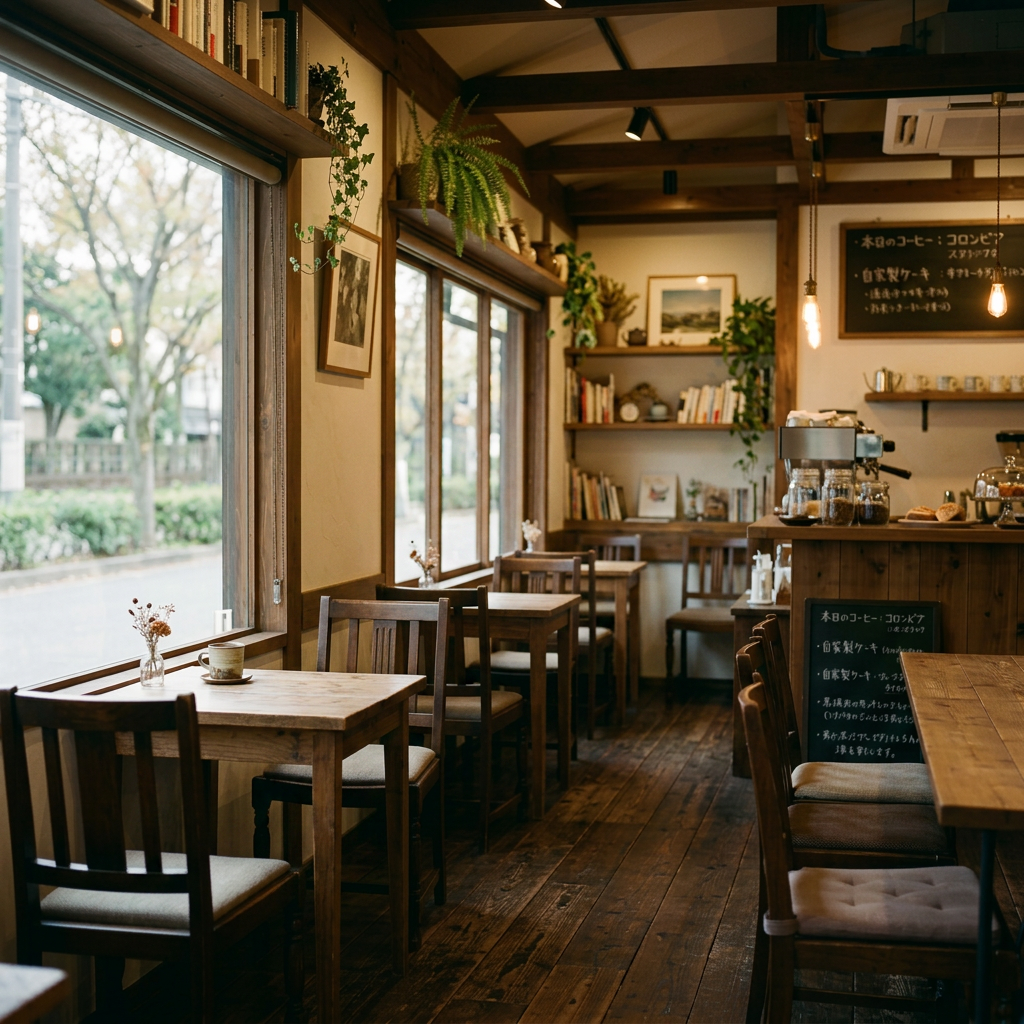 Woman reading a book at a wooden table near large windows in a cozy cafe
