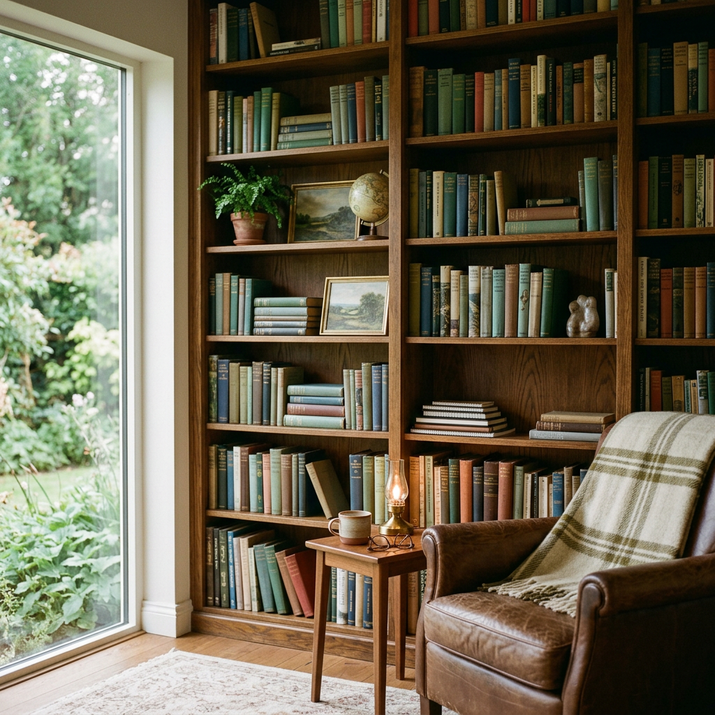Leather armchair with plaid blanket next to wooden bookshelves filled with vintage books and decor