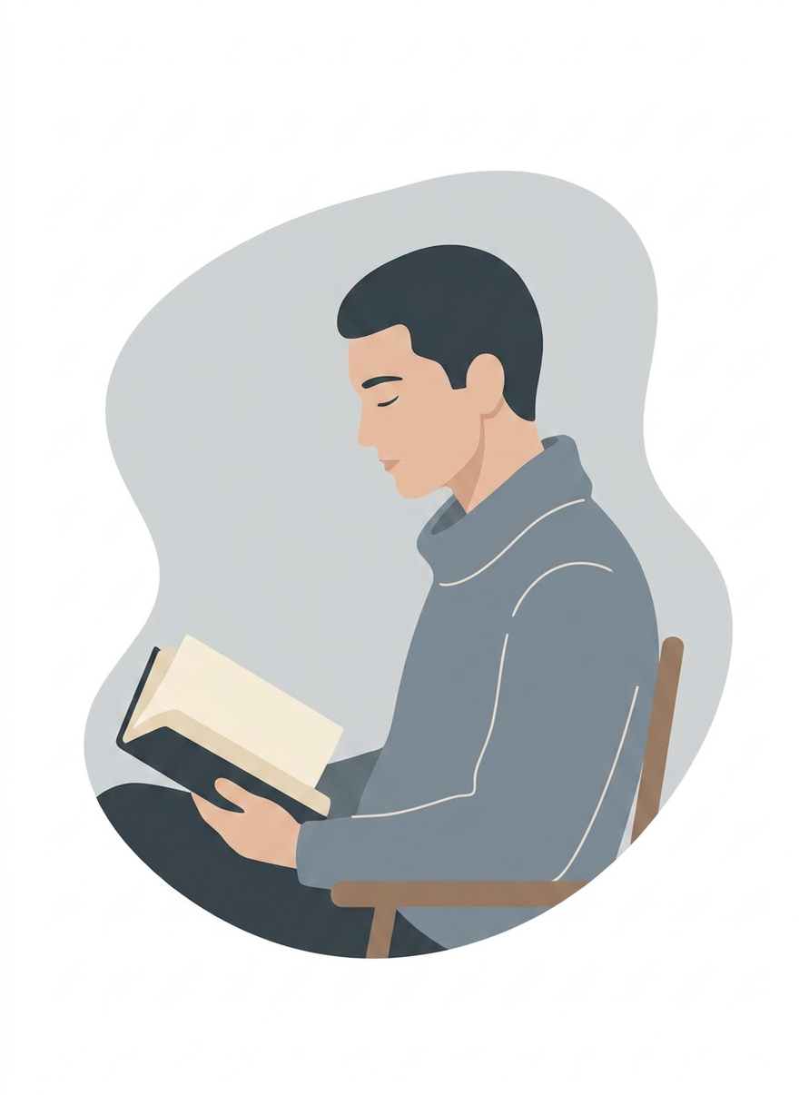 Another simple flat illustration portrait of a calm, reflective person in neutral tones that match a muted blue-gray and charcoal palette, minimal background, soft shapes, no text, visually distinct from the first but in the same style, suitable as an author profile image for a psychology and thinking blog.