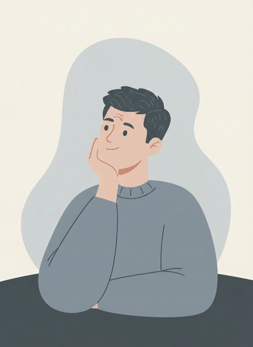 Simple flat illustration portrait of a calm, thoughtful person in neutral tones that match a muted blue-gray and charcoal palette, minimal background, soft shapes, no text, suitable as an author profile image for a psychology and thinking blog.