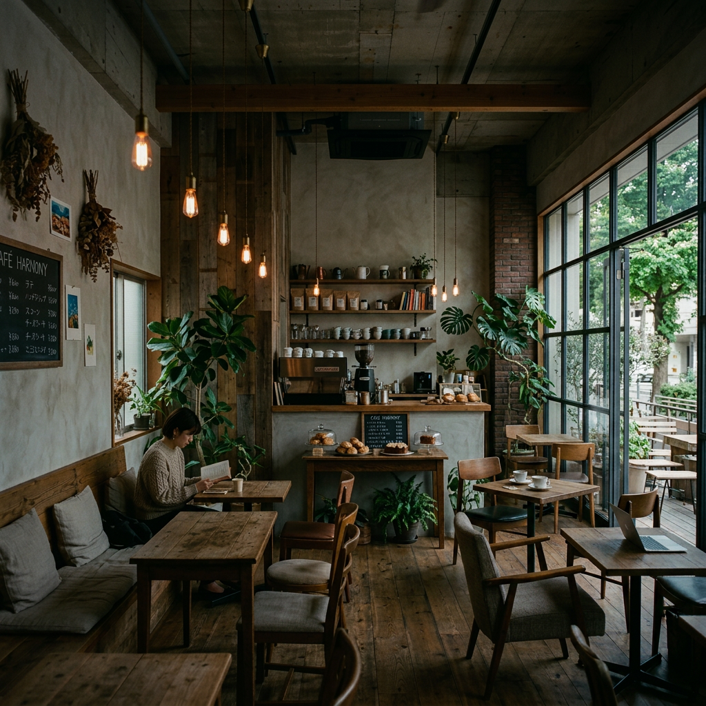 Interior of a cozy cafe with wooden furniture, hanging light bulbs, and people sitting at tables.
