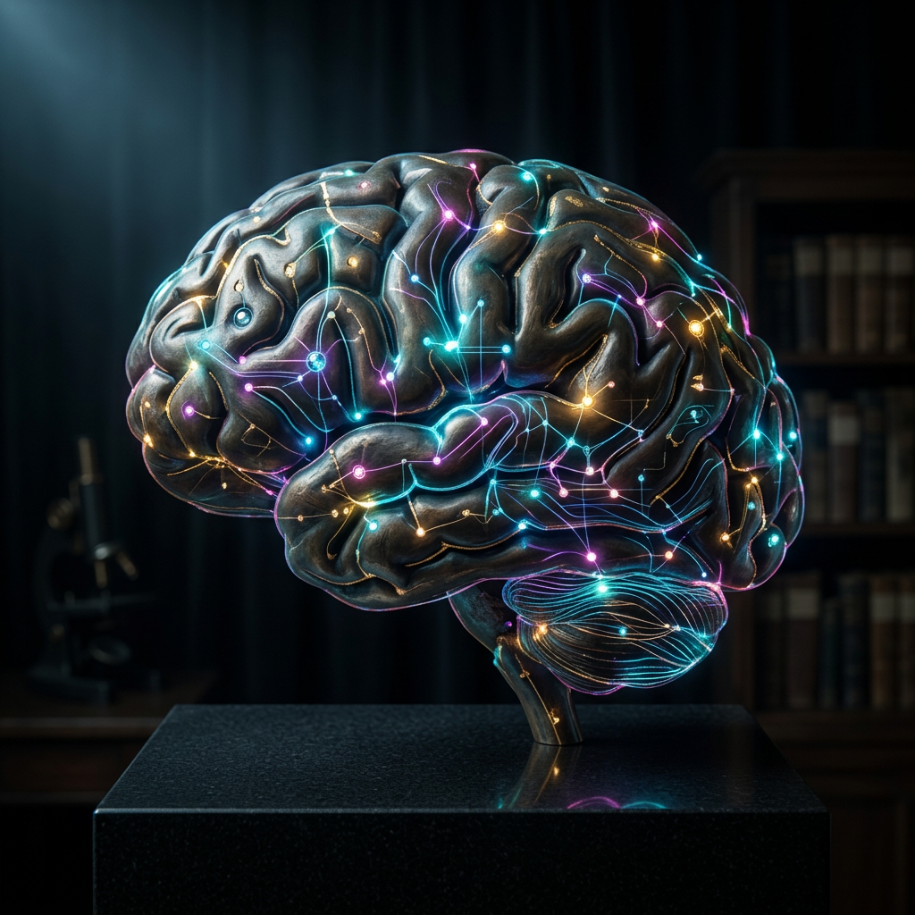 Glowing digital brain with neural networks and data connections