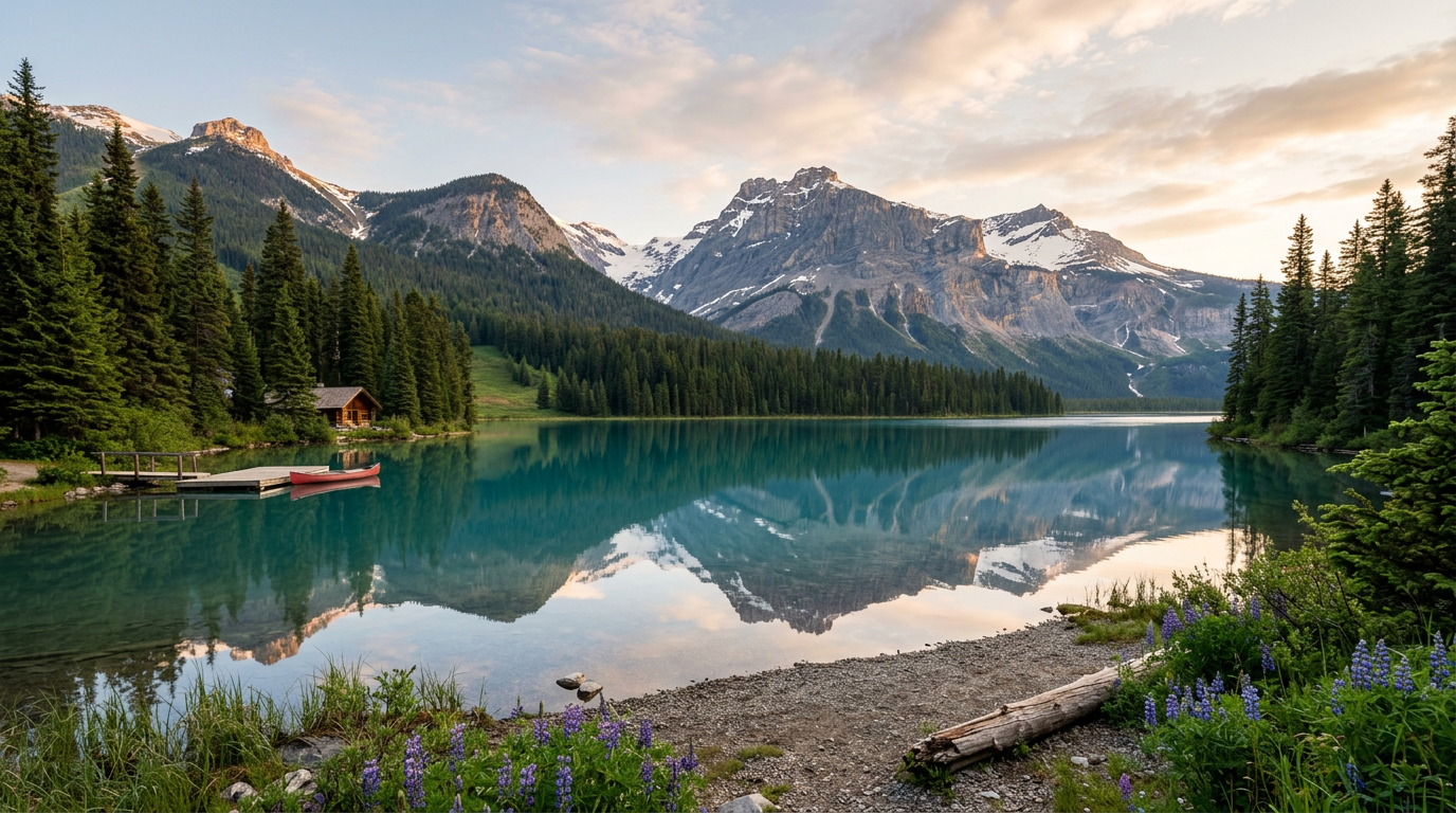 Calm mountain lake reflecting snowy peaks, cabin, and red canoe by the shore