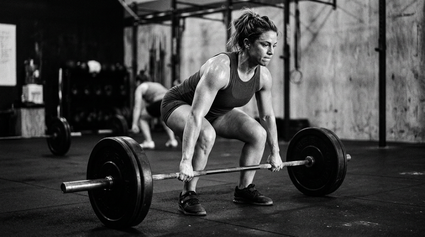 Woman squatting low to grip a heavy barbell in a gym