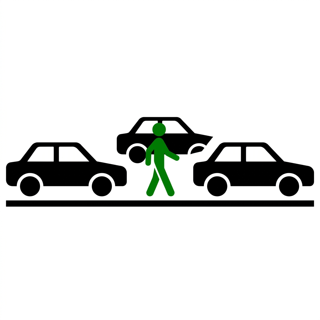 交通の中を歩いている緑色の人型と黒い車両のイラスト