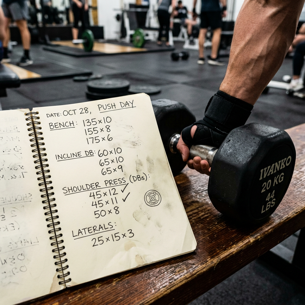 Workout log with push day exercises and a hand holding a 20 kg dumbbell