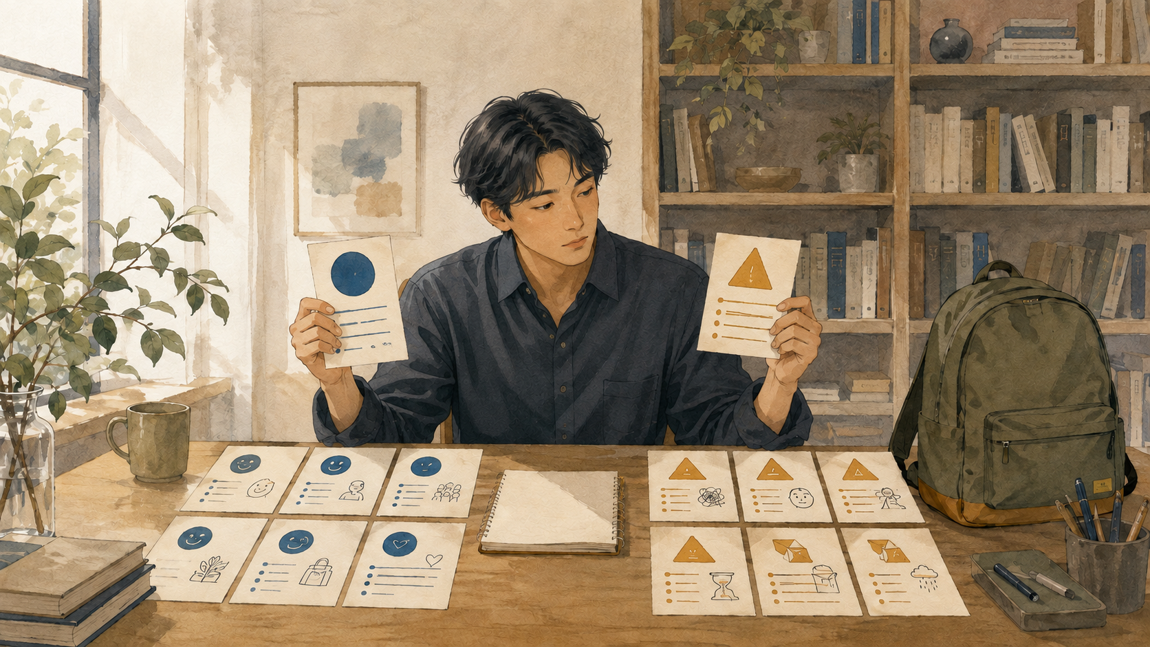 リュックの良い口コミと悪い口コミを表すカードを、同じ机で見比べる人