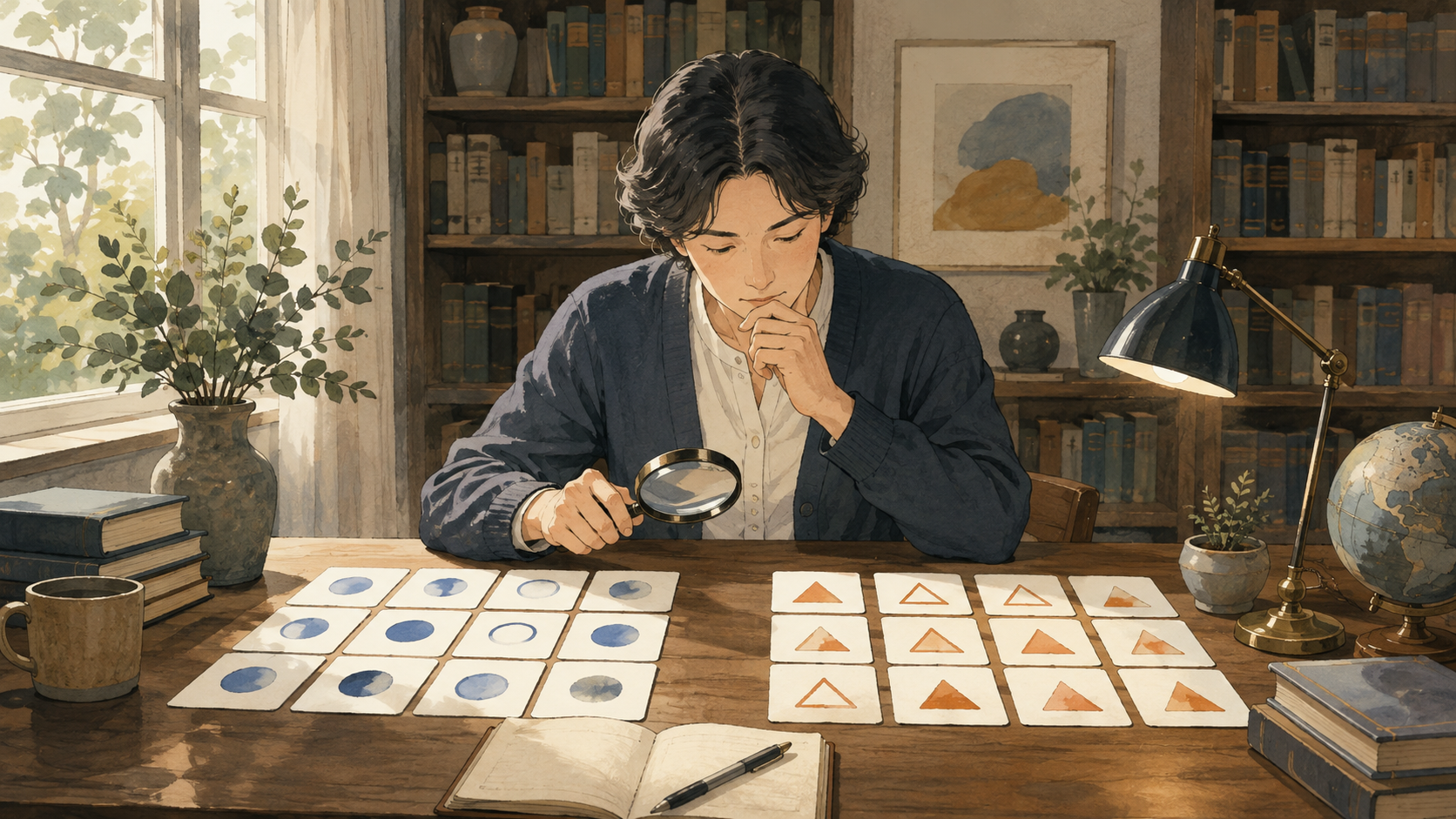 書斎で青い丸と橙色の三角のカードを見比べ、虫眼鏡で確かめる人