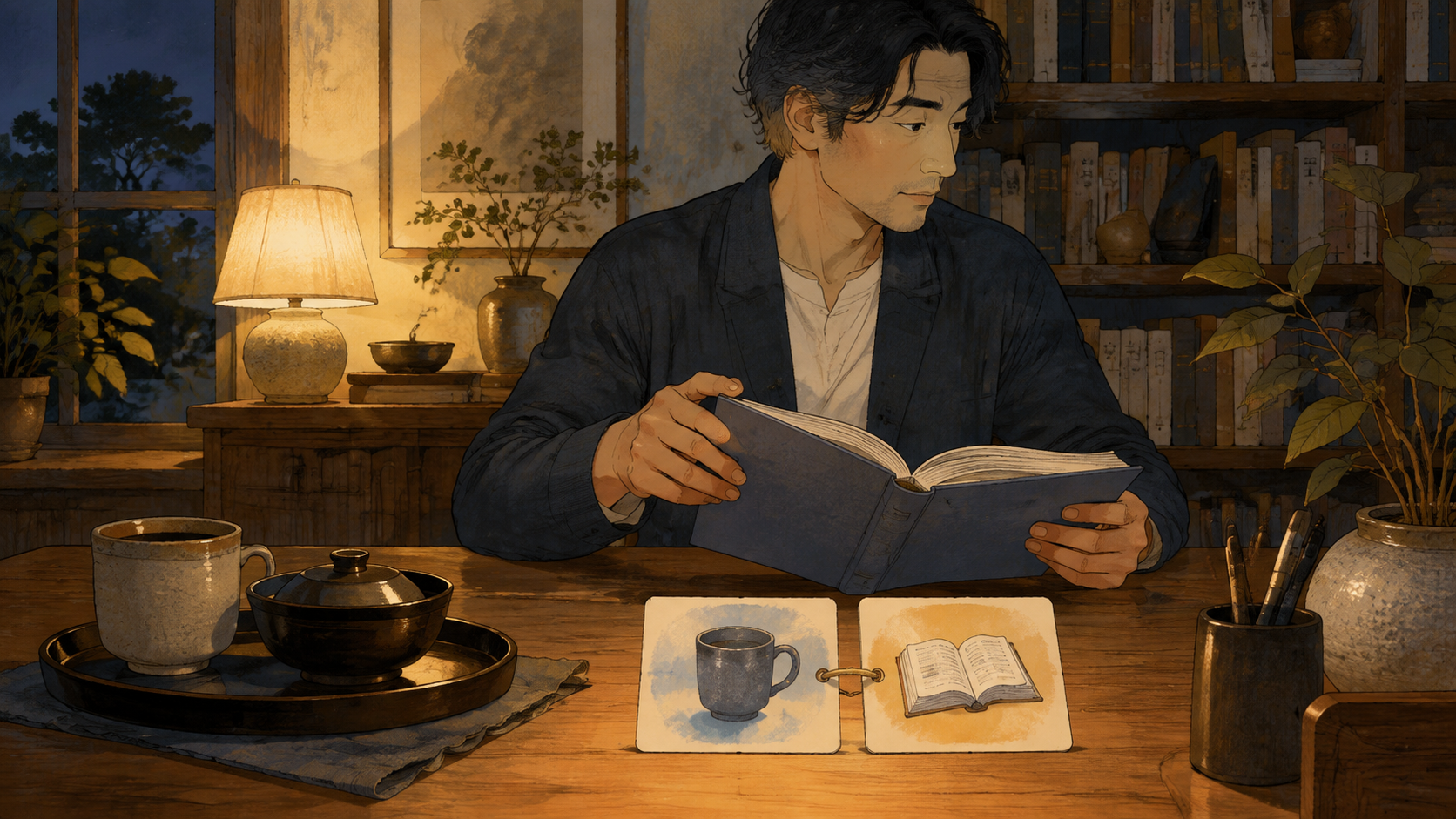 夕食後の書斎で本を開く人と、カップから読書への行動を表す2枚のカード