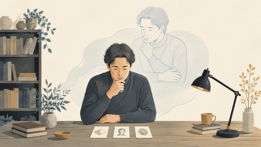 机で考える人を、もう一人の自分が一歩引いて観察するメタ認知のイメージ