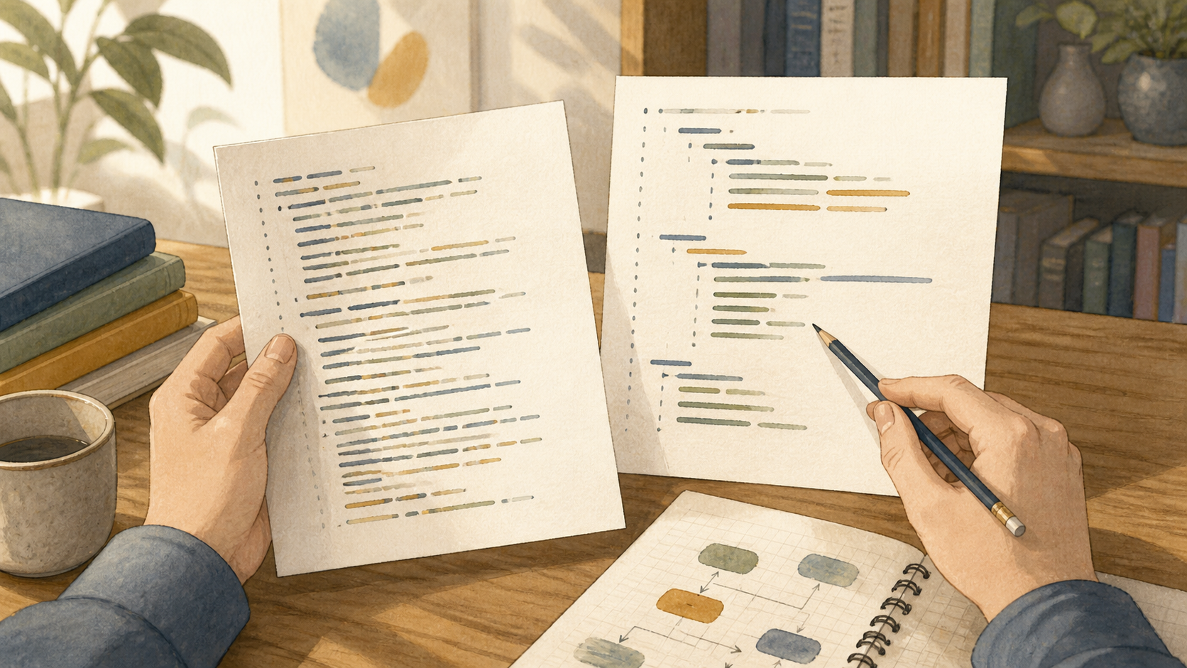 詰まった行と整理された行を描いた2枚の紙を見比べ、読みやすさを考える手元