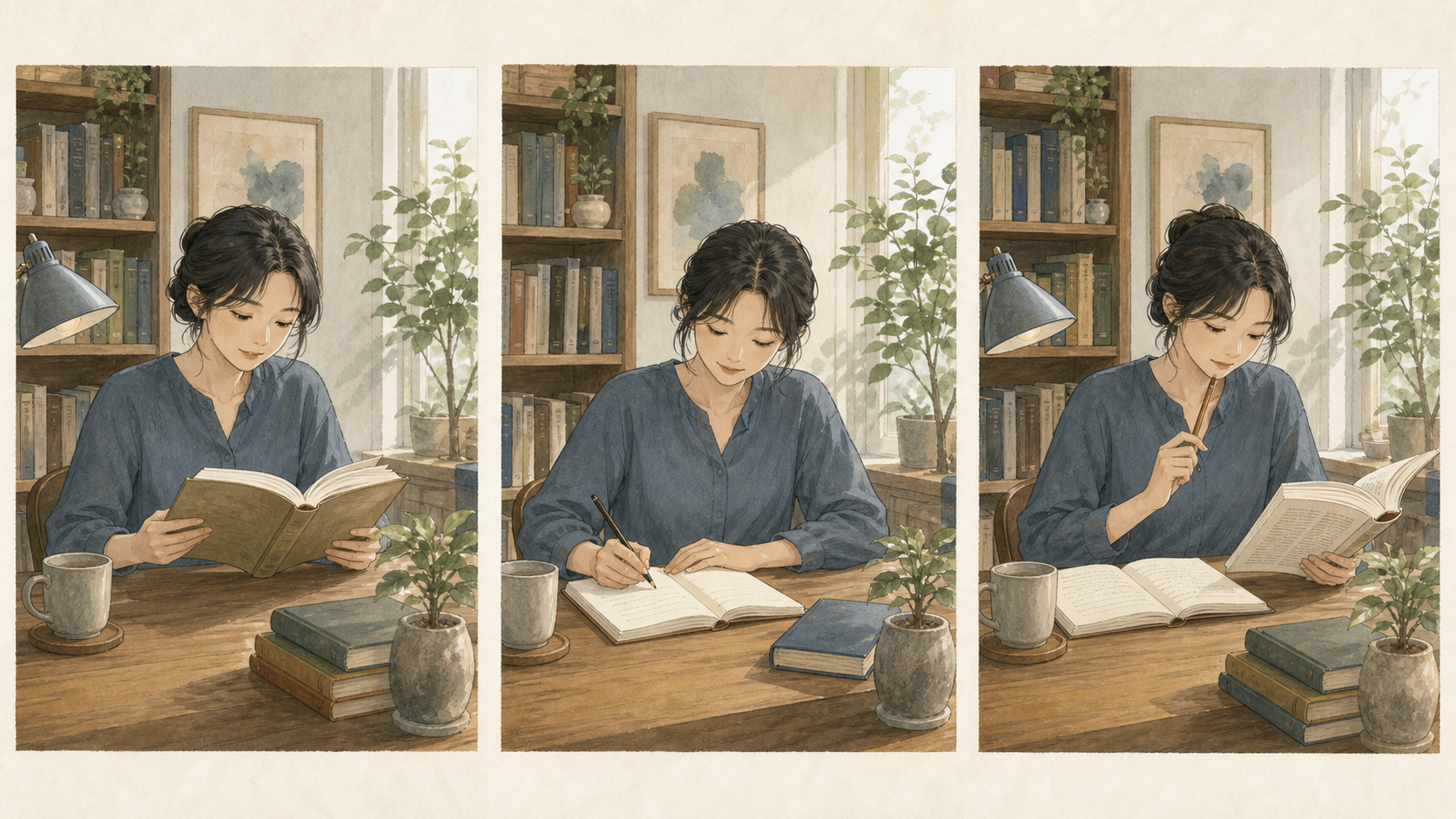 本を読む、本を閉じて思い出す、原文とノートを照合する3つの場面