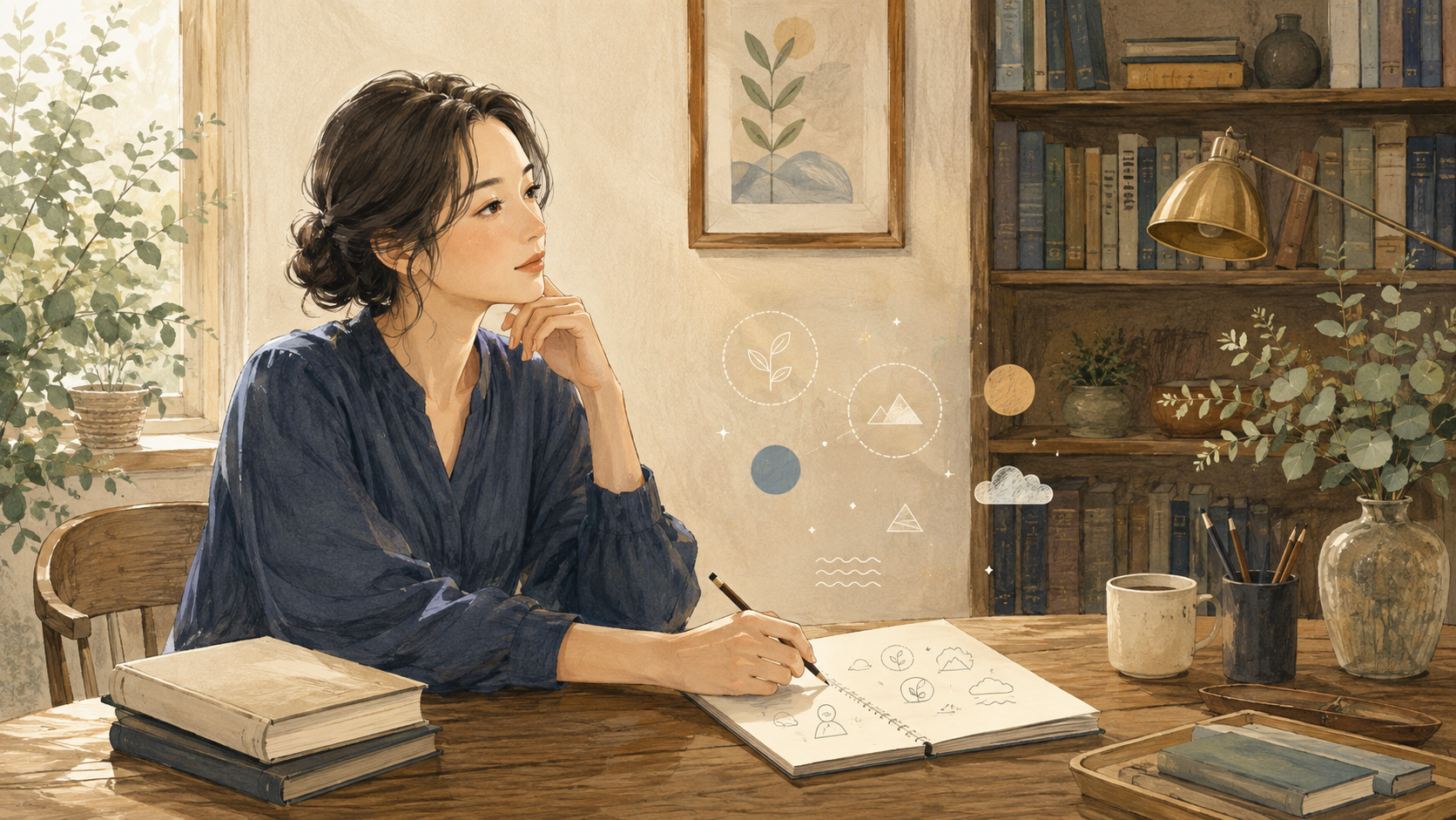書斎で本を閉じ、思い出した内容をノートに書く女性