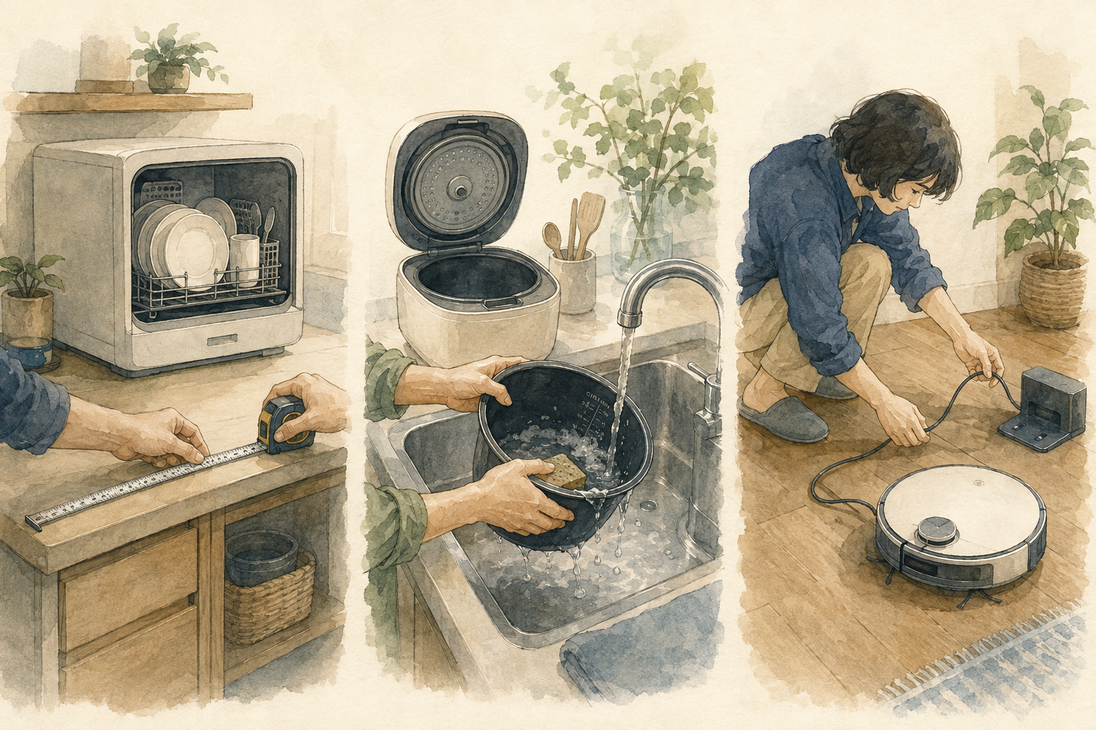 設置場所の測定、調理鍋の洗浄、床の片付けを描いたイラスト